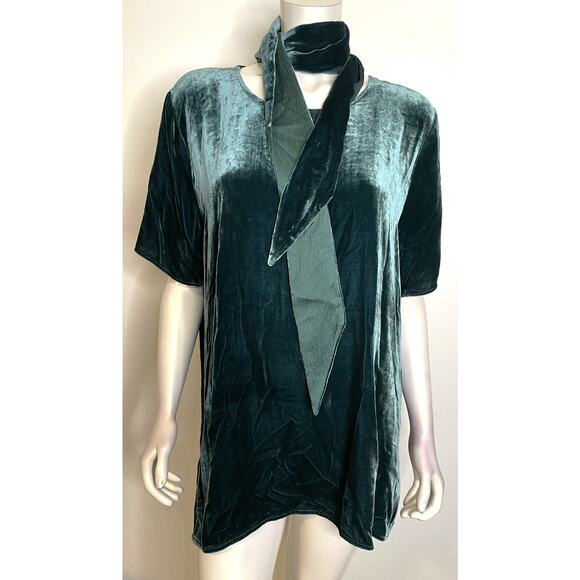 Eileen Fisher Pine Green Silk Blend Velvet SS Tunic Top XL Matching Scarf